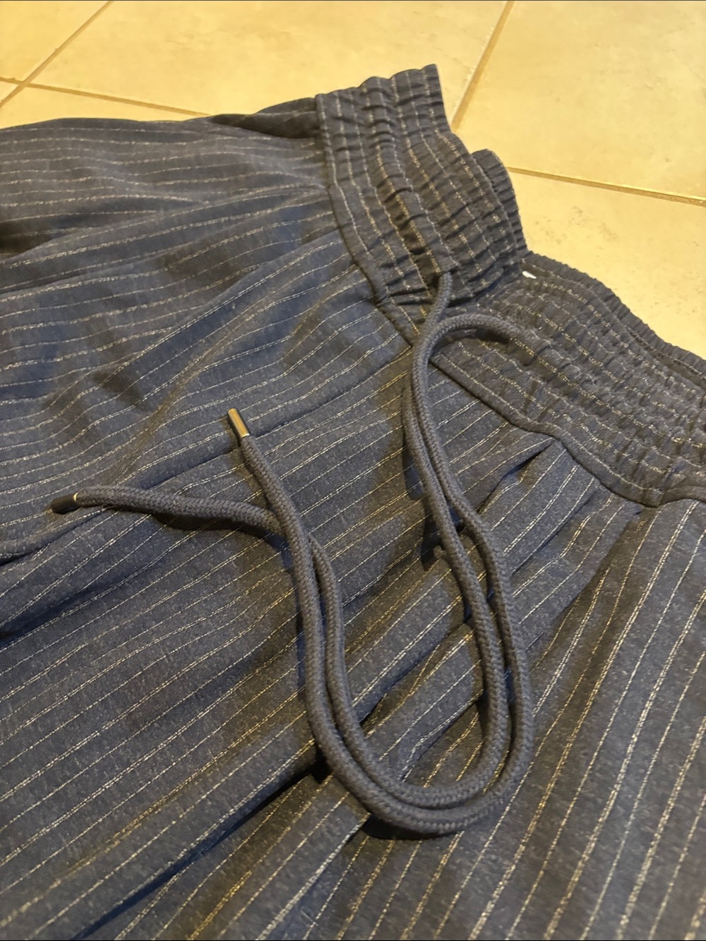 Maeve Wide-Leg Pinstripe Drawstring Pants in Navy - Picture 13 of 13